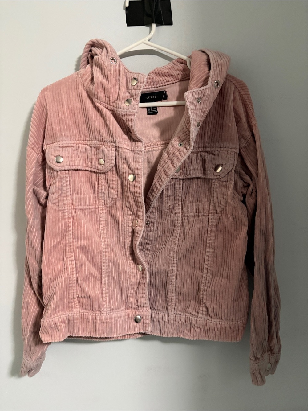 Forever 21 Dusty Pink Corduroy Hooded Jean Jacket